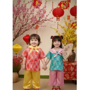 áo bà ba xanh đỏ có 2 bé gái
